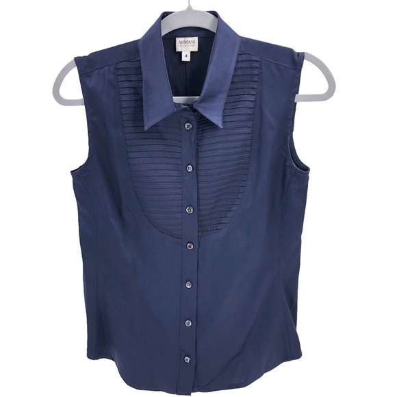 Armani Collezioni Womens Size 4 Sleeveless Silk Tuxedo Blouse in Navy Blue - Picture 1 of 6